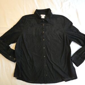 Jones New York Sport Women's Black Faux Suede Laser Cut Out Button-Down Shirt